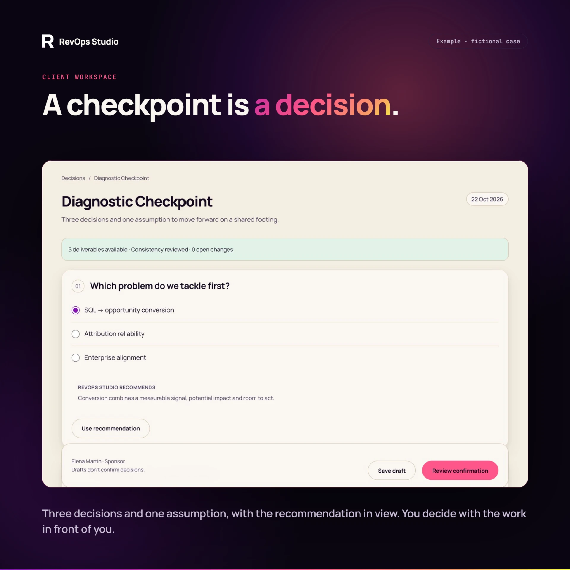 Client Workspace example: a decision checkpoint with three decisions and one assumption